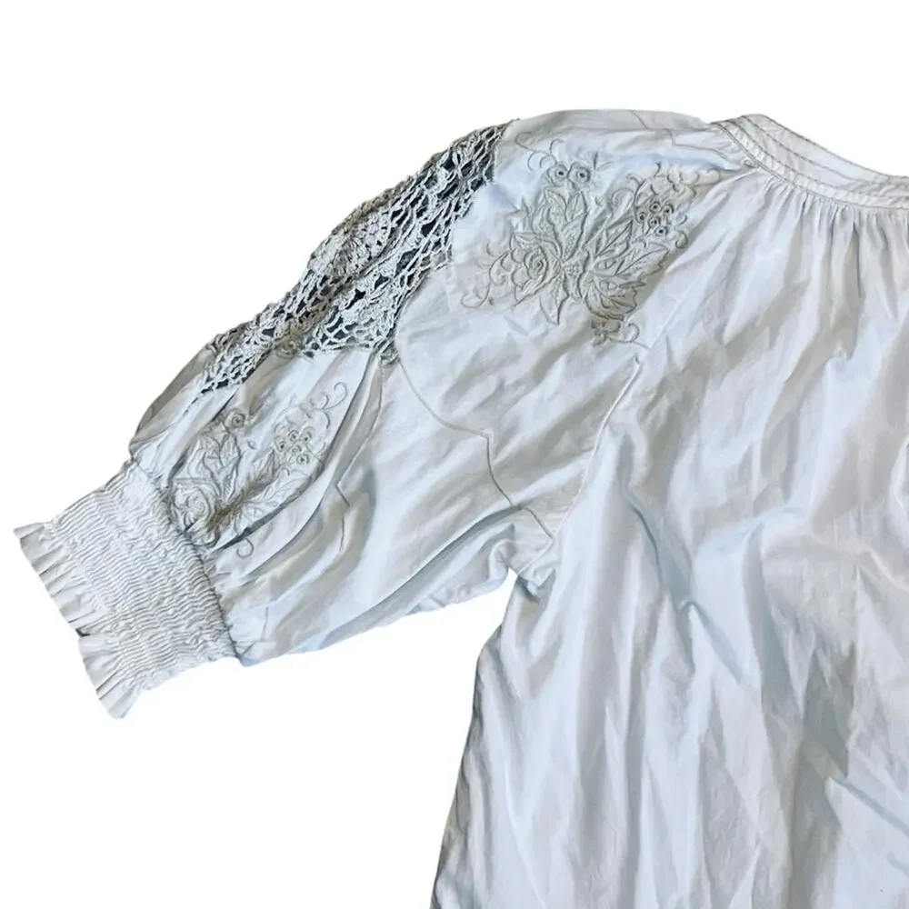 Anthropologie Women’s Sz S White Cream Crochet Blouse Short Puff Sleeve